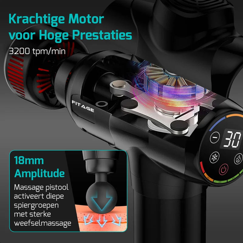 Krachtige motor van FITAGE Massage Gun Premium met 18 mm amplitude en 3200 tpm voor diepe spiermassage.