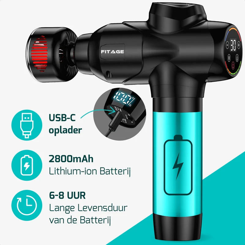 FITAGE Massage Gun Premium met USB-C opladen, 2800 mAh batterij en gebruiksduur tot 6–8 uur.