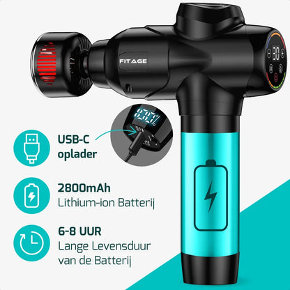 FITAGE Massage Gun Premium met USB-C opladen, 2800 mAh batterij en gebruiksduur tot 6–8 uur.