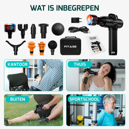 Wat is inbegrepen bij FITAGE Massage Gun Premium, massage gun met warm en koud functie, 12 opzetstukken, draagkoffer, USB-C oplader en handleiding, geschikt voor kantoor, thuis, buiten en sportschool.
