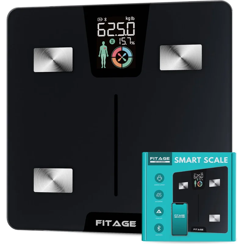 Personenweegschaal met LCD-display, 17 lichaamsanalyses en vetpercentagemeter, inclusief FITAGE-app voor tracking.