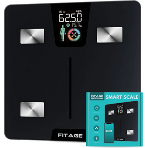 Personenweegschaal met LCD-display, 17 lichaamsanalyses en vetpercentagemeter, inclusief FITAGE-app voor tracking.