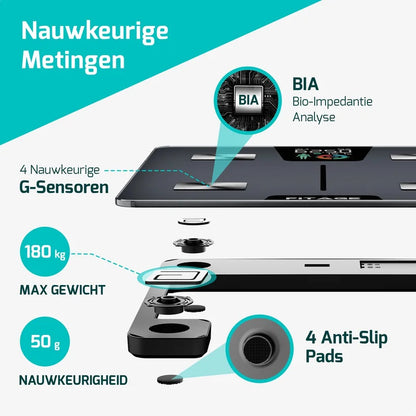FITAGE personenweegschaal met BIA bio-impedantie analyse, vier G-sensoren, antislip pads en nauwkeurige meting tot 50 gram.