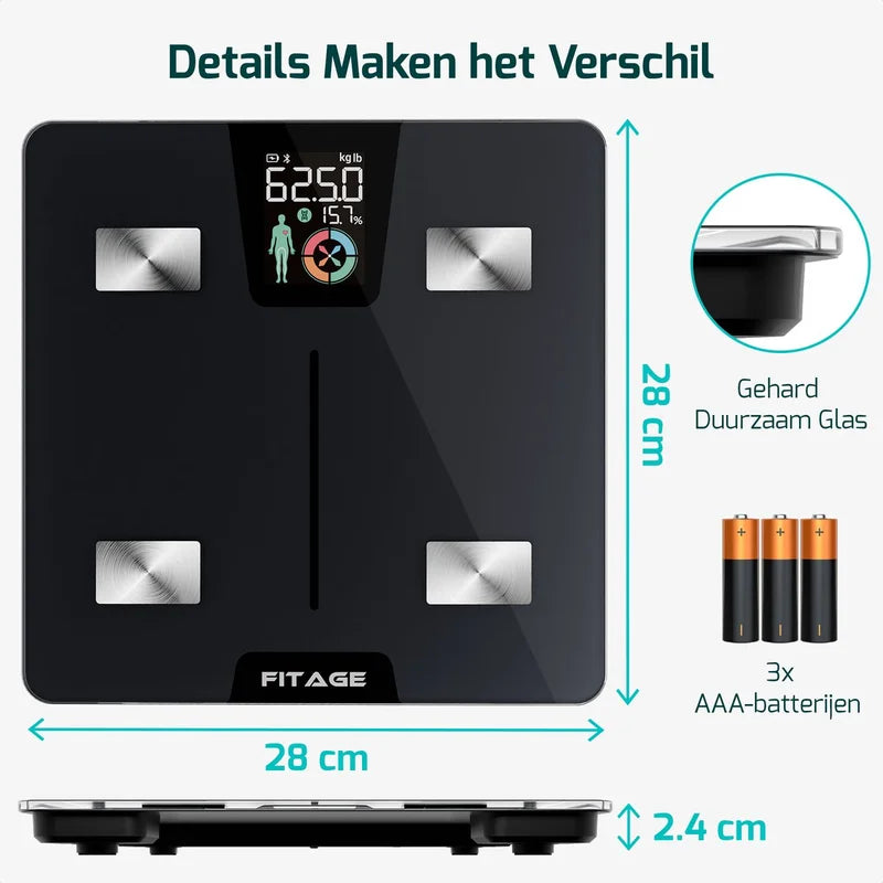 FITAGE personenweegschaal van 28 x 28 cm met gehard glas, LCD-scherm, slank ontwerp en werking op AAA-batterijen.