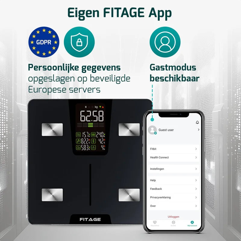 FITAGE personenweegschaal met eigen FITAGE app, gastmodus en veilige opslag van persoonlijke gegevens op Europese servers.