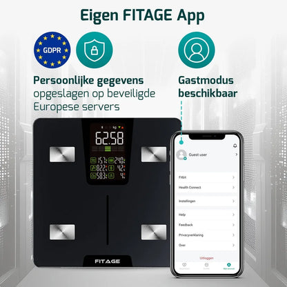 FITAGE personenweegschaal met eigen FITAGE app, gastmodus en veilige opslag van persoonlijke gegevens op Europese servers.