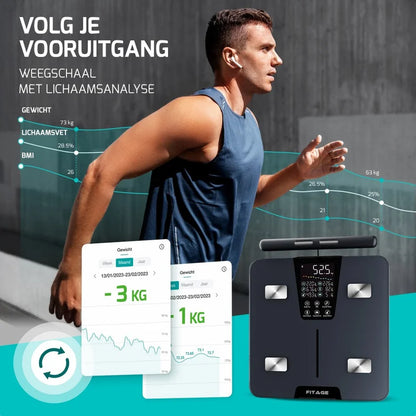 FITAGE personenweegschaal met lichaamsanalyse, voortgang volgen van gewicht, BMI en lichaamsvet via app tijdens sport.