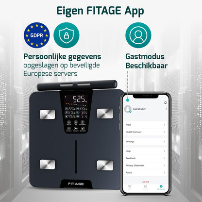 FITAGE personenweegschaal met handvat gekoppeld aan FITAGE app, GDPR beveiligde data en gastmodus op smartphone.