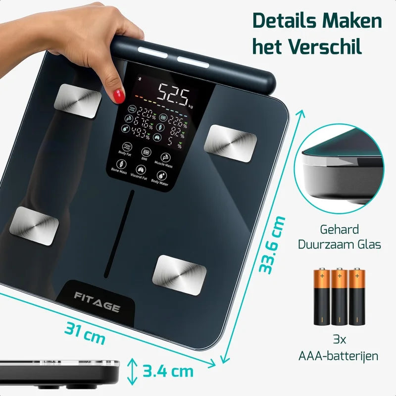 FITAGE personenweegschaal met handvat, gehard glas, afmetingen 31 x 33,6 cm, hoogte 3,4 cm, inclusief AAA batterijen.