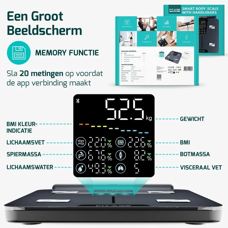 FITAGE personenweegschaal met groot display en geheugenfunctie, slaat tot 20 metingen op zonder app.