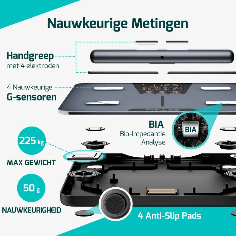 FITAGE personenweegschaal met handvat, BIA bio impedantie analyse, 4 G-sensoren, nauwkeurigheid 50 g, max 225 kg.