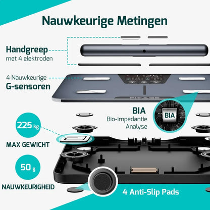 FITAGE personenweegschaal met handvat, BIA bio impedantie analyse, 4 G-sensoren, nauwkeurigheid 50 g, max 225 kg.