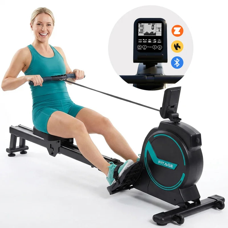 Vrouw die traint op de FITAGE roeitrainer met magnetische weerstand en LCD-display