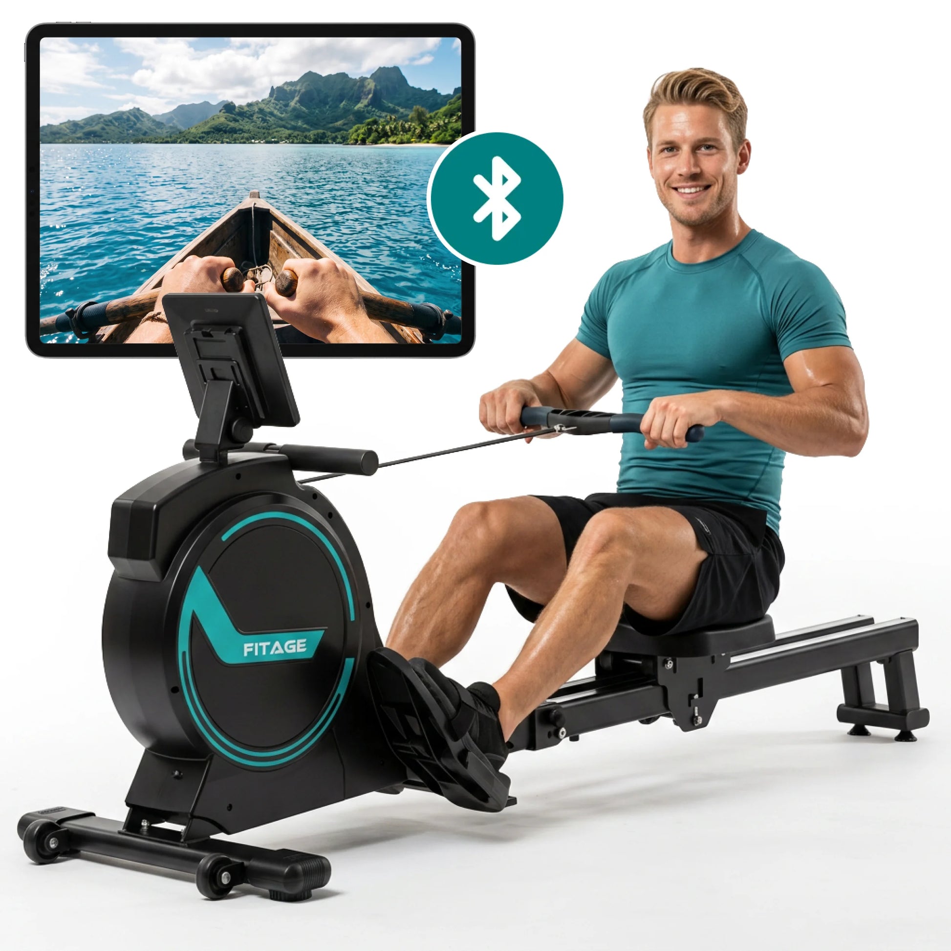 Vrouw die traint op de FITAGE roeitrainer met magnetische weerstand en LCD-display