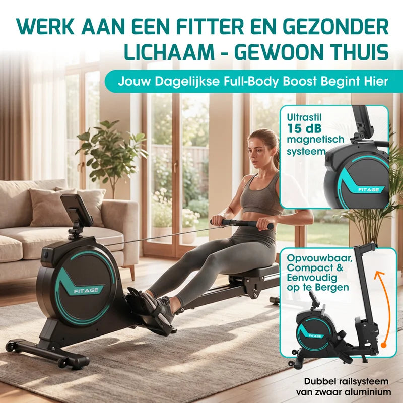 FITAGE roeitrainer in woonkamer met stille werking en inklapbaar ontwerp