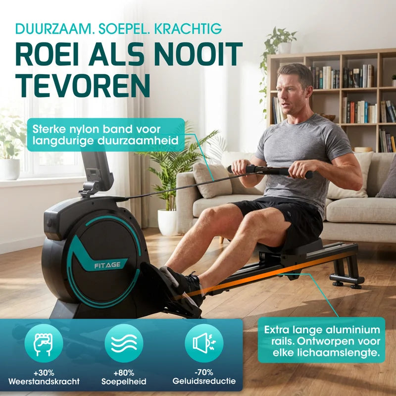 Man die thuis roeit op de FITAGE roeitrainer met sterke nylon band en lange rails
