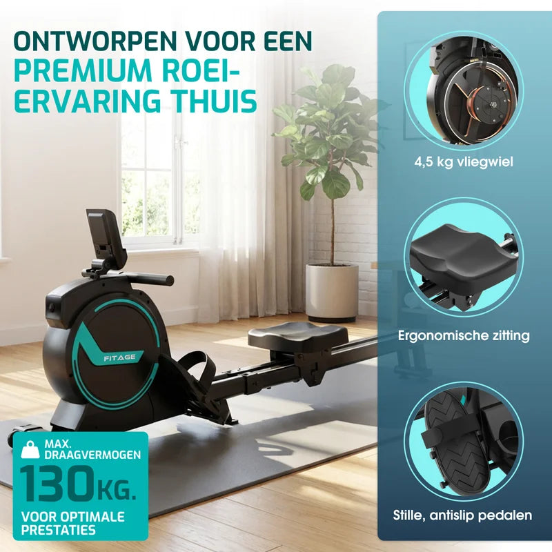 FITAGE roeitrainer opgesteld in huis met ergonomische zitting en antislip pedalen
