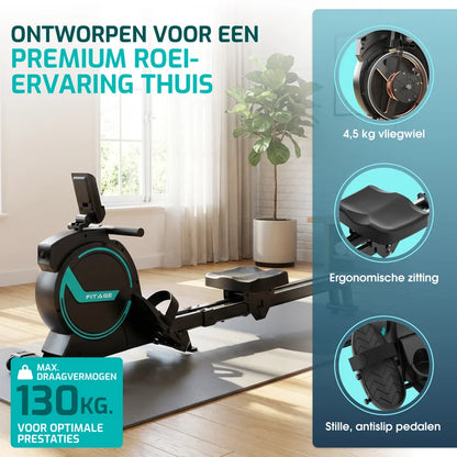FITAGE roeitrainer opgesteld in huis met ergonomische zitting en antislip pedalen
