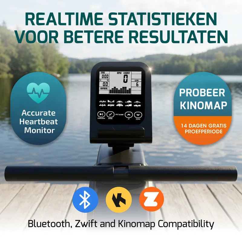 LCD-display van de FITAGE roeitrainer met realtime trainingsgegevens en app-iconen
