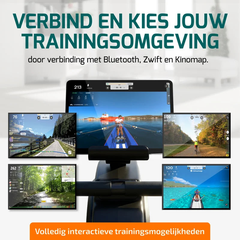 Tablet gekoppeld aan de FITAGE roeitrainer met virtuele trainingsroutes via fitnessapps
