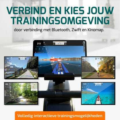 Tablet gekoppeld aan de FITAGE roeitrainer met virtuele trainingsroutes via fitnessapps

