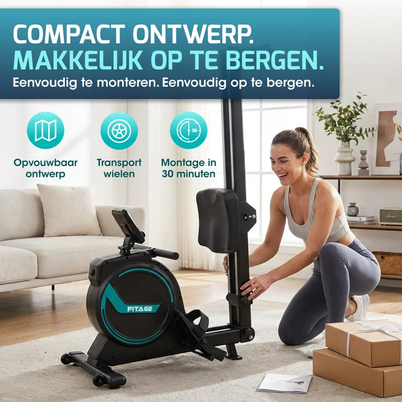 Vrouw die de FITAGE roeitrainer inklapt en monteert voor compacte opslag
