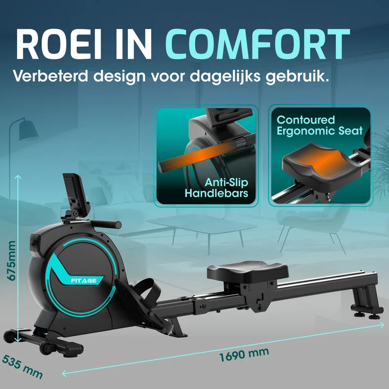 FITAGE roeitrainer met afmetingen en ergonomische details zoals handgrepen en zitting