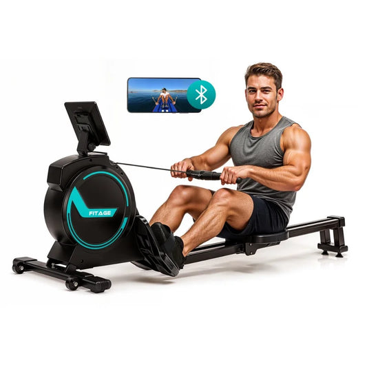Roeitrainer met 16 weerstandsniveaus, trainingsprogramma's en app, inklapbaar voor eenvoudige opslag.