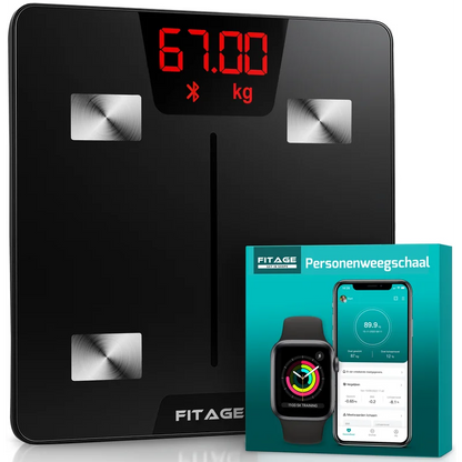 Weegschaal voor lichaamsanalyse met 17 functies, waaronder vetpercentage meting.