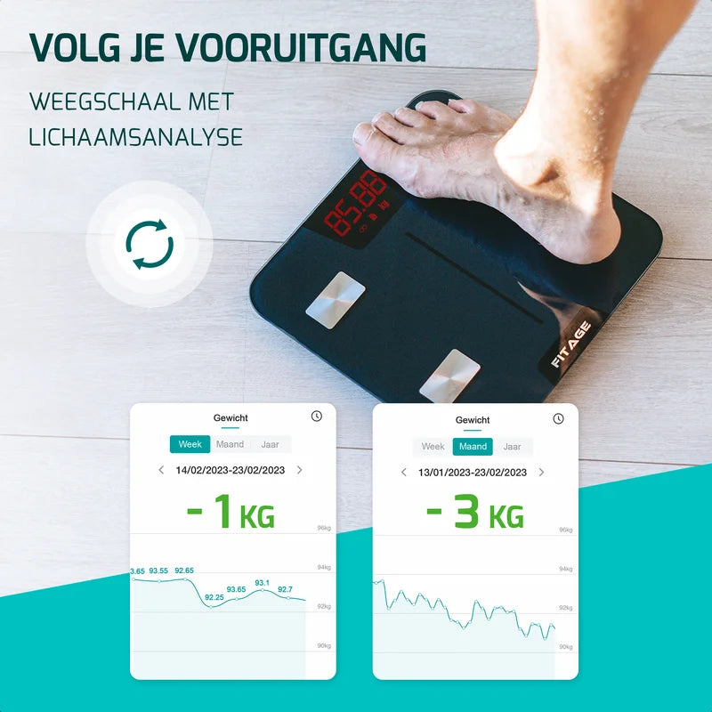 Een stijlvolle personenweegschaal met een glazen oppervlak, ligt op een neutrale vloer in een goed verlichte ruimte.