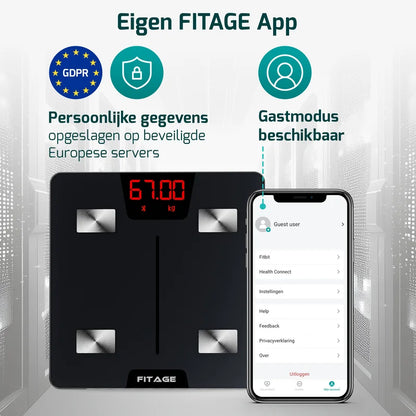 FITAGE bluetooth weegschaal met eigen FITAGE app, gastmodus en veilige opslag van persoonlijke gegevens op Europese servers.